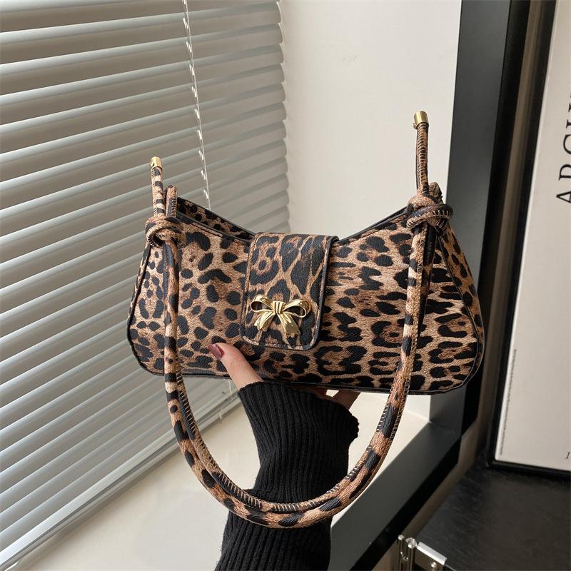 

Casual leopard print winter new fashion simple niche armpit bow one shoulder messenger bag women s bag хакі