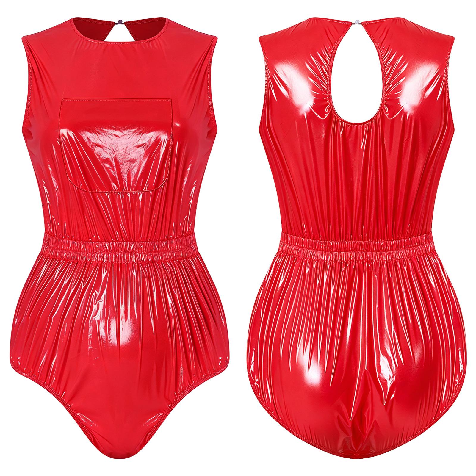 Ärmelloser Bodysuit mit Schlüsselloch hinten Wasserdichtes Vinyl Vordertasche Elastische Taille Druckknöpfe im Schritt Leotard Windelüberzug für Damen Nachtausflug XS rot