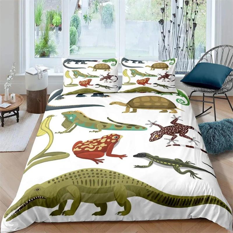 Lizard Duvet Cover Set Reptile Bedding Sets King Size for Boys Girls Toad Tropical Animal Purple Floral Exotic Comforter Cover