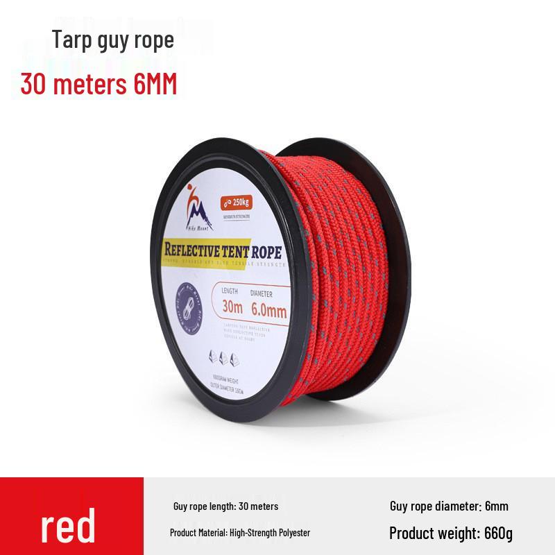

30m Reflective Windproof Tent Rope, 6mm Thick, Reinforced Outdoor Canopy Bundling & Fixing Rope. червоний