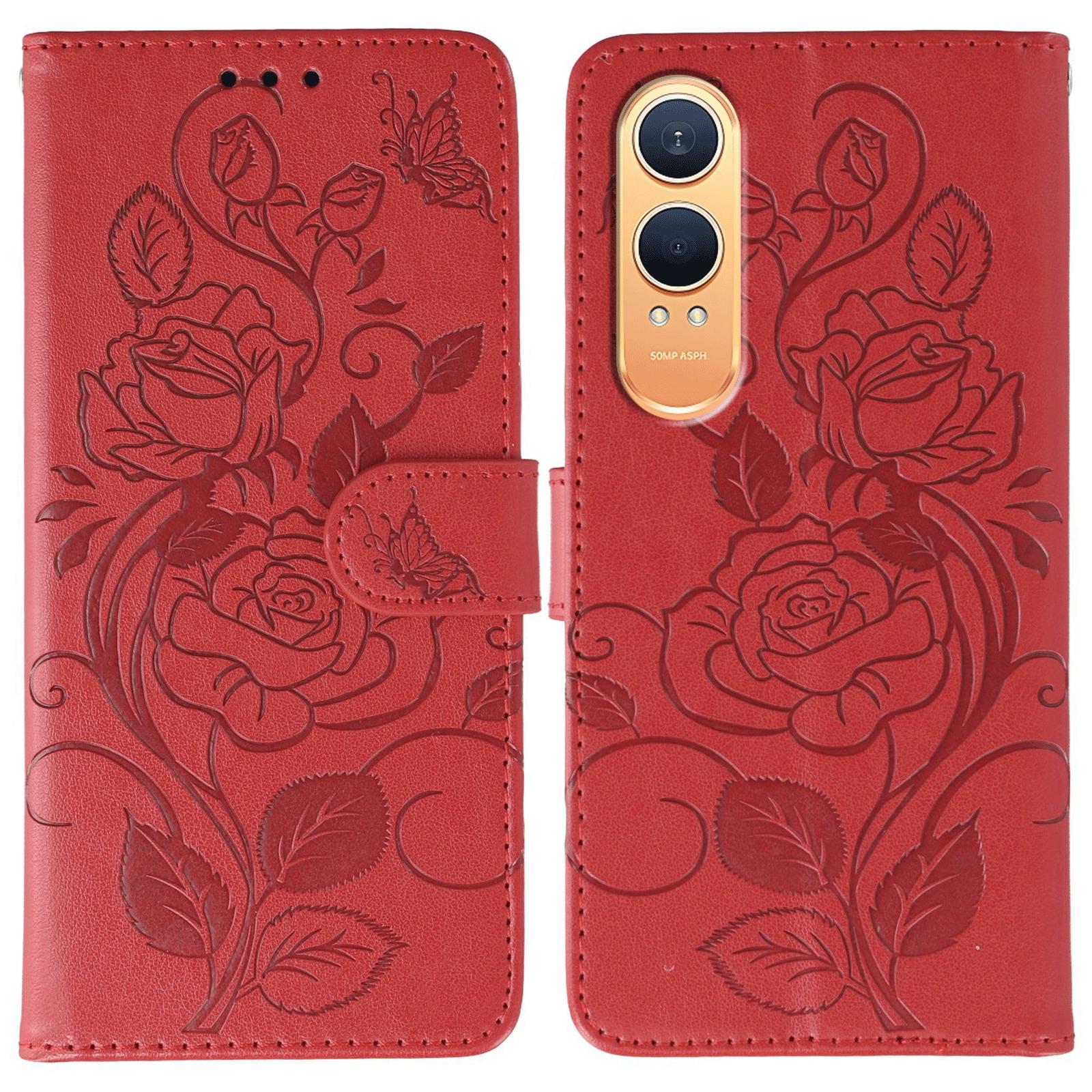 

For OnePlus Nord CE4 Lite 5G Case Wallet Stand Imprinted Rose Butterfly PU Leather Phone Cover Red
