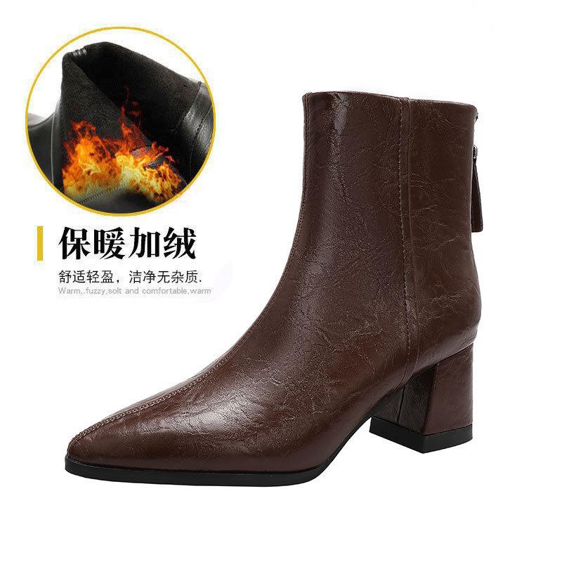 Custom Women's Boots~ High Heel Boots Pointed Short Boots Skinny Boots New Autumn and Winter Brown Boots Coarse Heel Medium Leather Boots