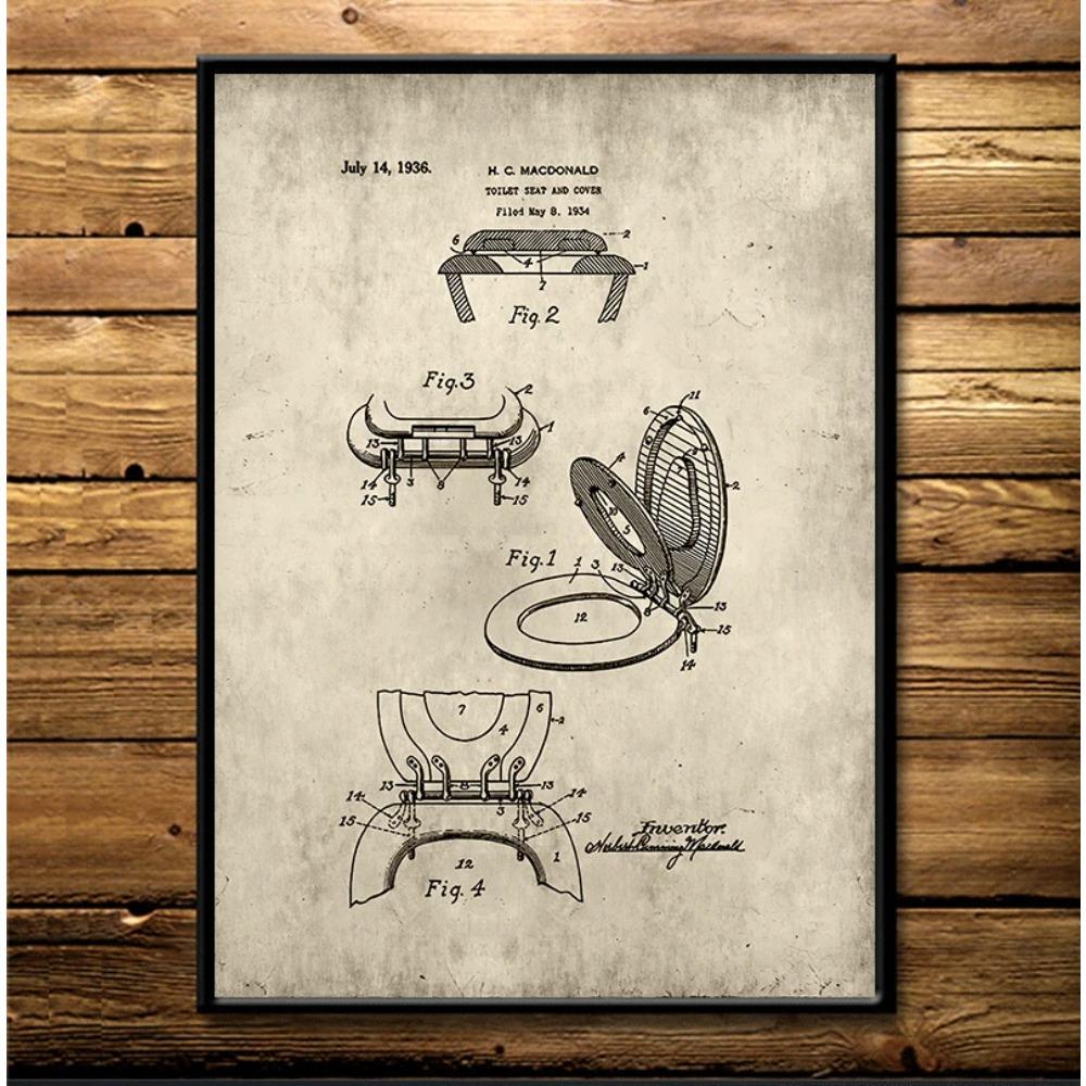 Bathroom Patent Vintage S Prints ,Toilet Roll,Cistern,Lavatory Design,Loo Canvas Painting Blueprints Home Wall Art Decor