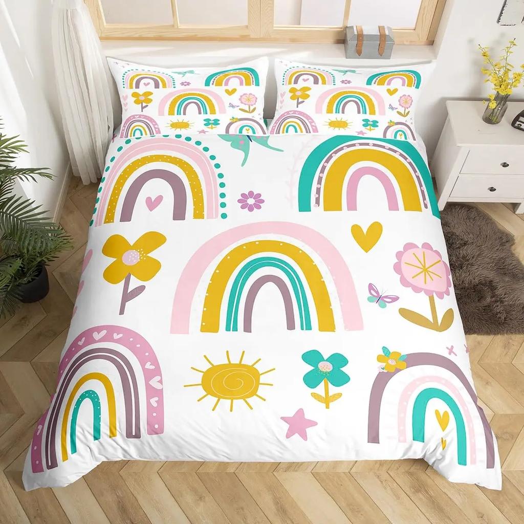 Cartoon Rainbow Sun Bedding Set For Girls Kids Bedroom Decor Comforter Cover Kawaii Art Duvet Cover Polyester Comforter Cover