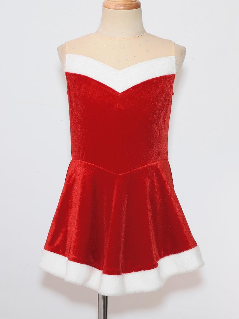 Girls Santa Claus Costume Soft Flannel Design Sleeveless Sequins Ballet Dress Ice Skating Bodysuit