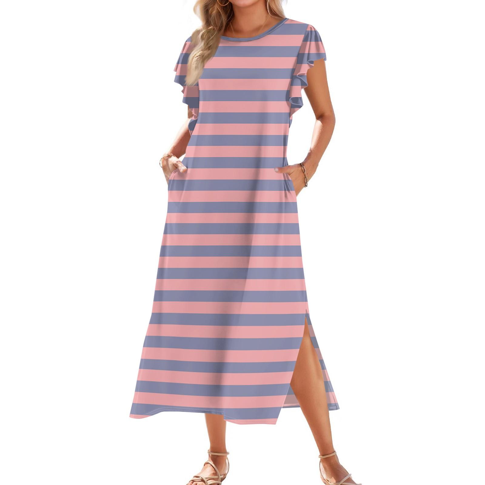 

Женское модное летнее повседневное пляжное платье с плиссированными рукавами, свободными полосатыми короткими рукавами, круглыми завязками и карманами XXL розовый