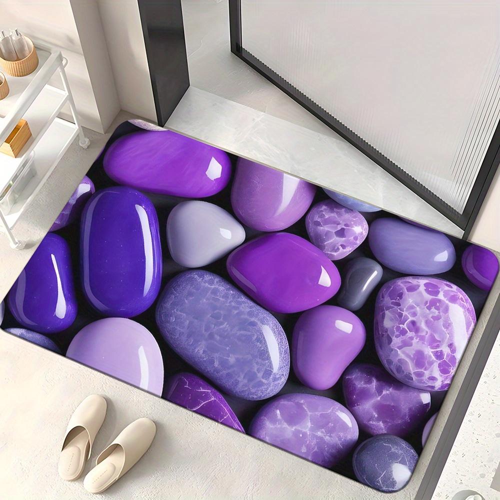 Tapete de Entrada Antiderrapante com Estampa de Pedras Roxas em Alta Definição Absorvente Lavável para Banheiro Entrada Sala de Estar Yoga