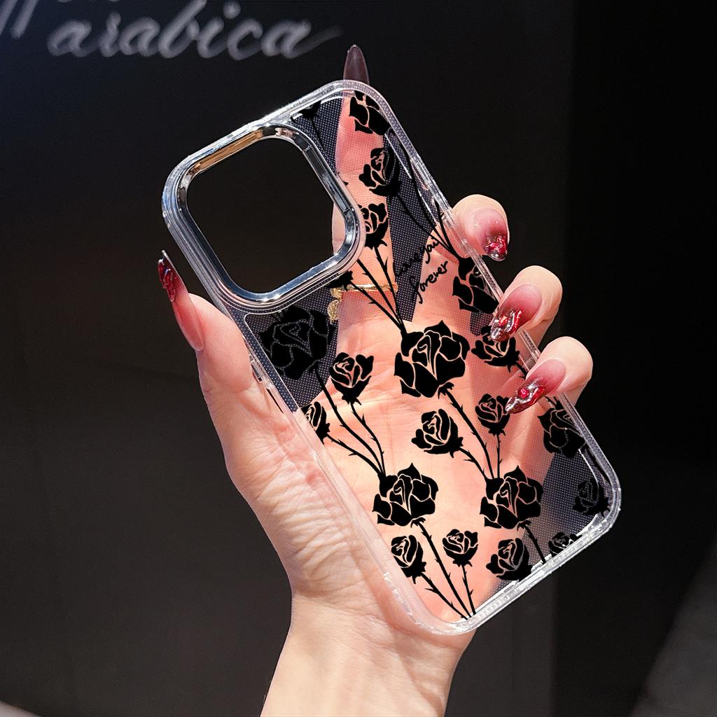 Black Flowers Luxury Transparent Phone Case for iPhone 17 Air 16 15 14 13 12 11 Pro Max Plus X Xs XR 8 7 Soft Protective Cover