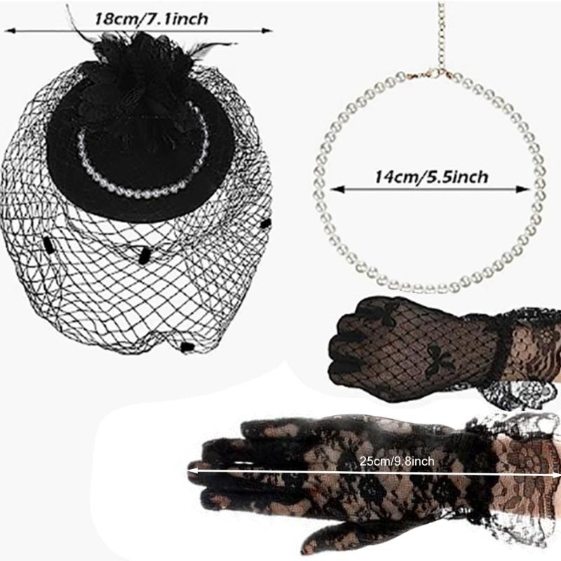 1920s Fascinator Headpiece Set for Party Wedding with Gloves Necklace Feathered Lace Flapper Headwear for Theme Party