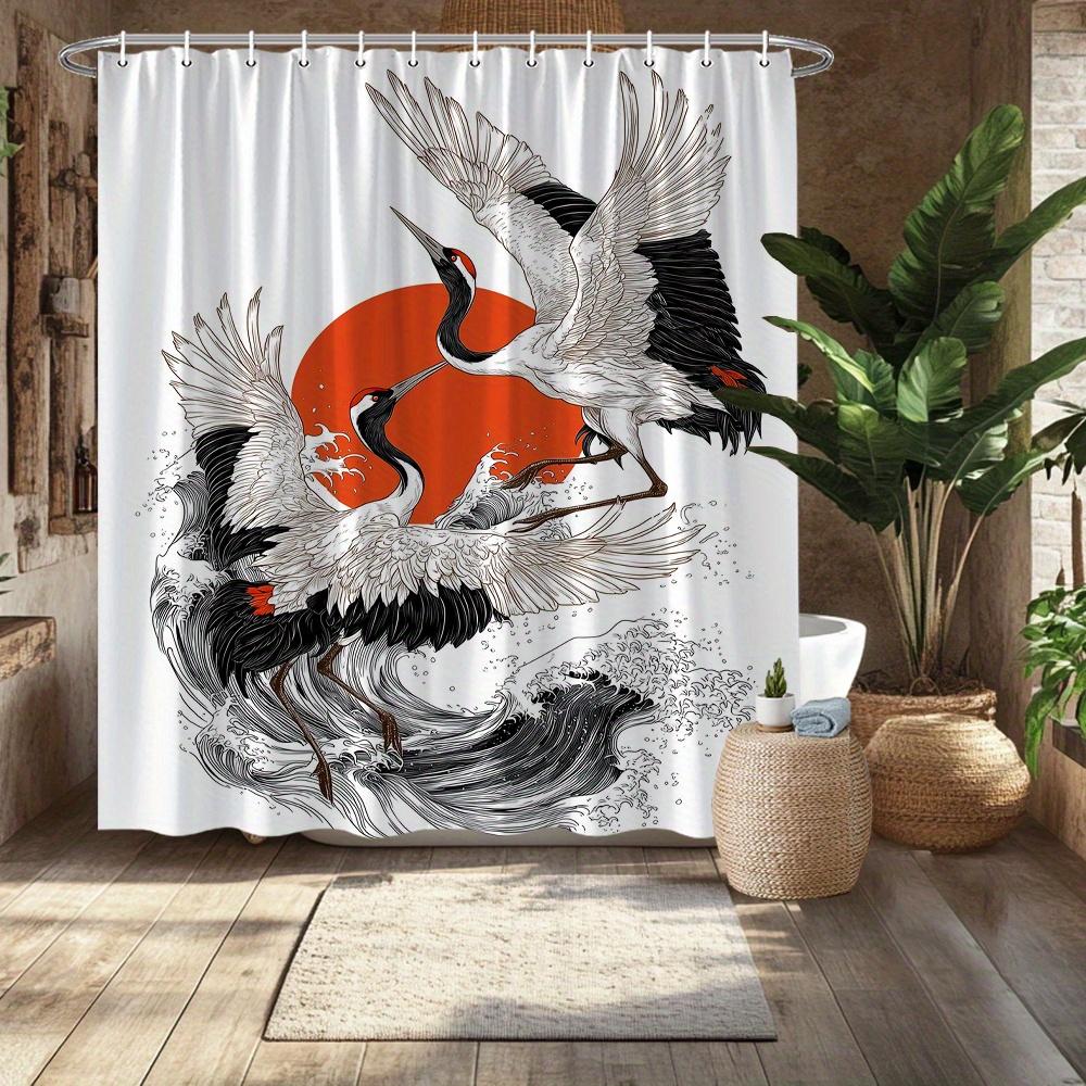 Red-Crowned Crane Shower Curtain – Japanese Art With Rising Sun & Ocean Waves, Black & White Includes Hooks, 70.8×70.8 Inches