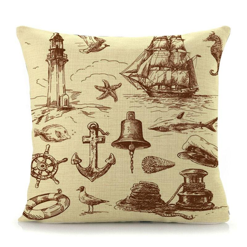 Mediterranean Lighthouse Ocean Sailing Print Home Decorative Cushion Cover Cotton Linen Pillow Case For Sofa Bed Chair 45X45Cm