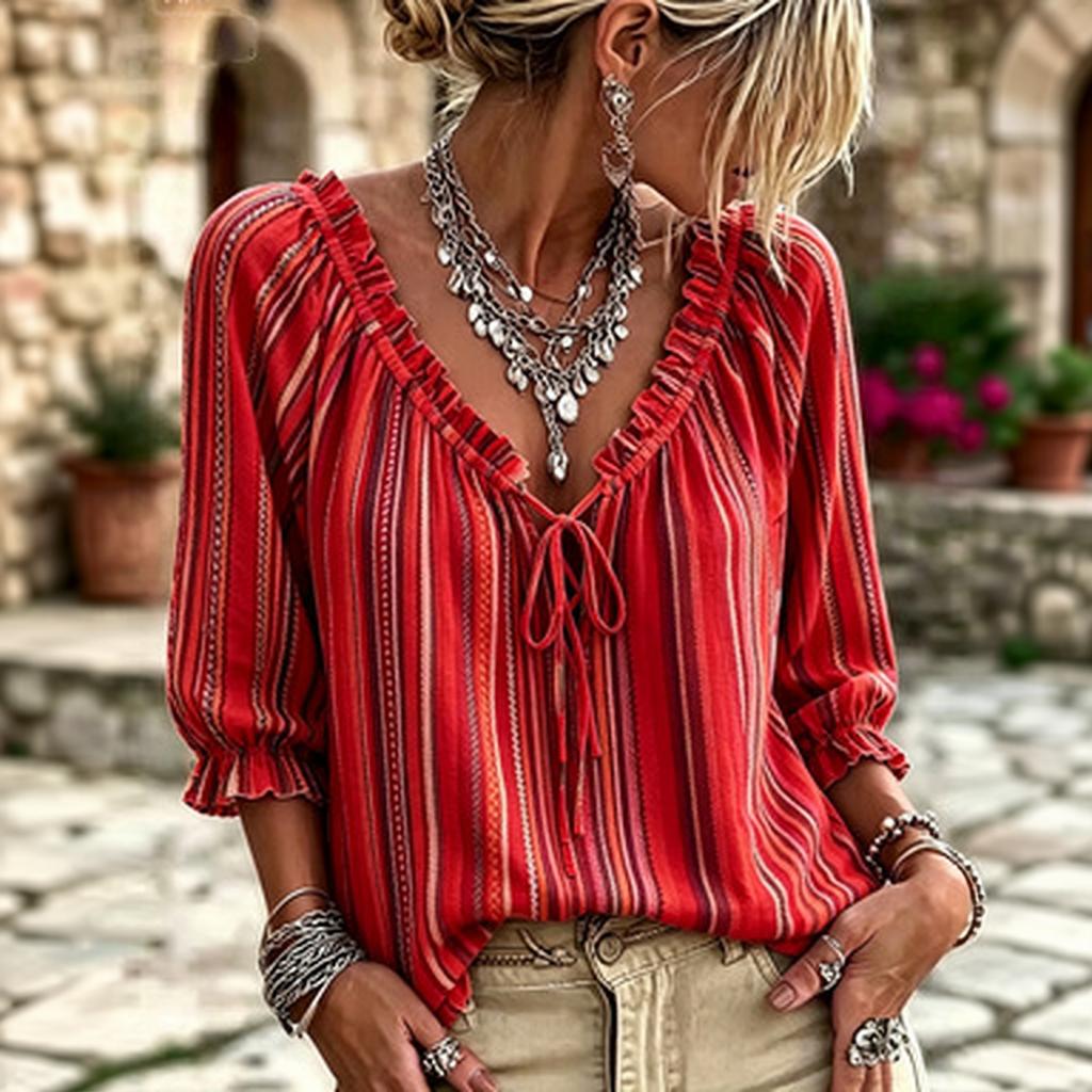 Women's Casual Striped V-Neck Blouse with Tie and Ruffled