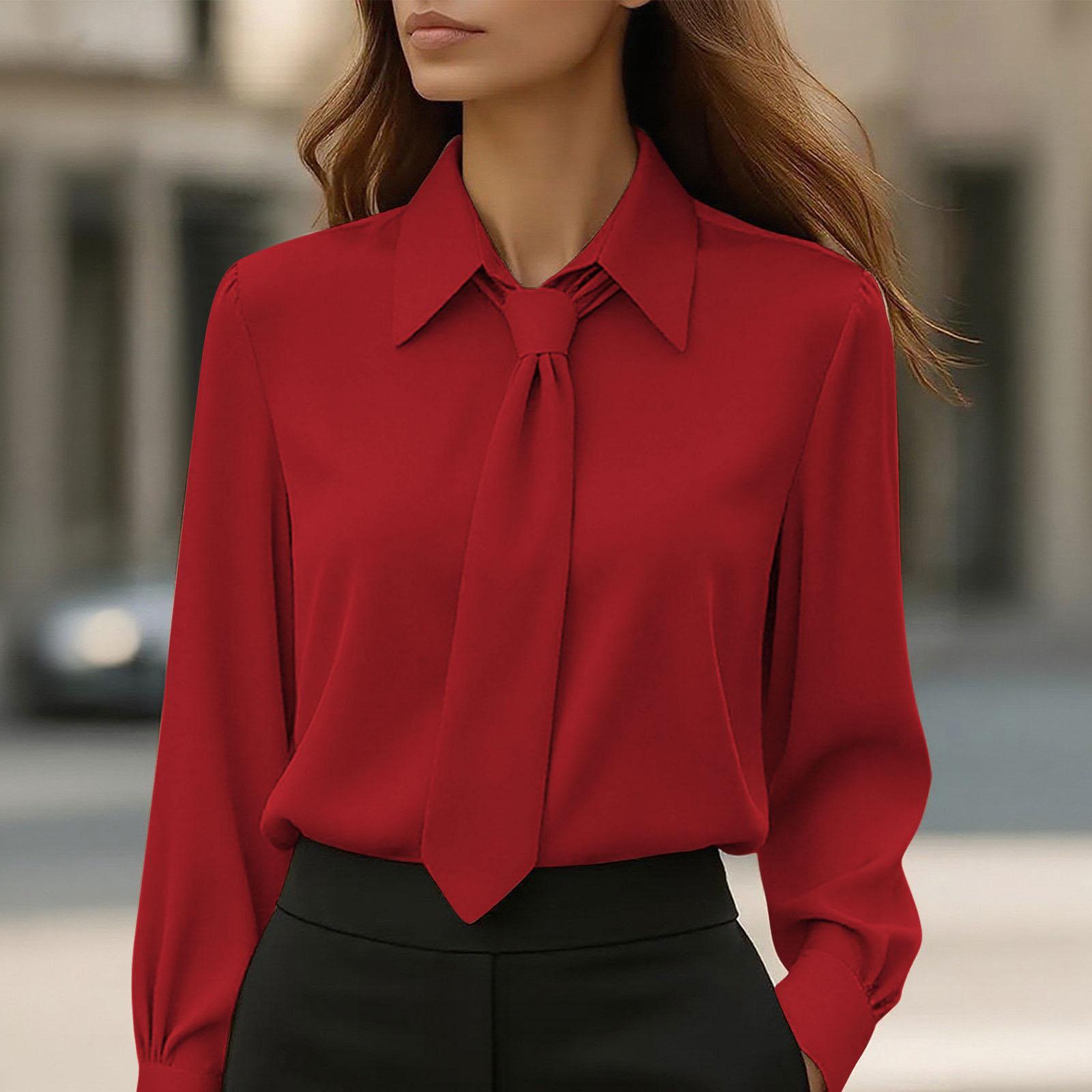 

Women s Fashion -Color Button-Down Tie-Front Long-Sleeve Shirt Loose-Fit Top L винний