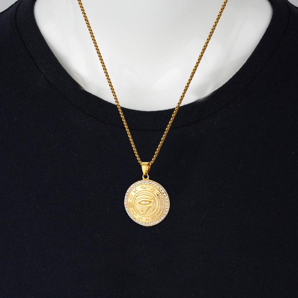 Ancient Egypt The Eye of Horus Pendant Gold Male Color Stainless Steel Zircon Round Necklace for Men Egyptian Jewelry Gift