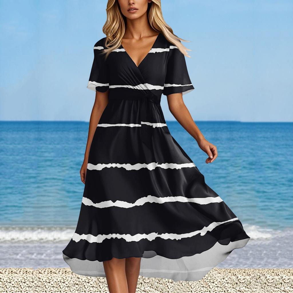 Women's Summer Fashion V-Neck Flared Dress Short Sleeve Striped Geometric Dresses