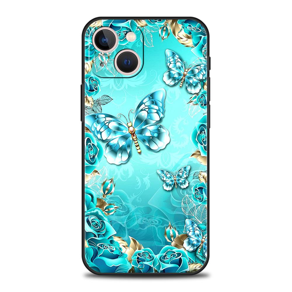 Butterfly Crystal Luxury Phone Case For iPhone 11 12 13 14 15 Pro Max Mini X XR XS 7 8 Plus SE Soft Silicone Cover Black Funda