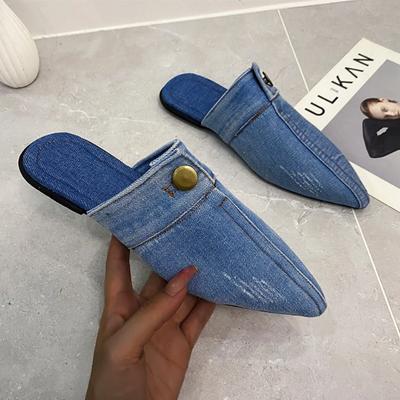 Denim Slippers Women Flat Mules Shoes Fashion Casual Slide Flip-flops Ladies Blue Designer Sandal Pointed Toe Classic Jean Mules