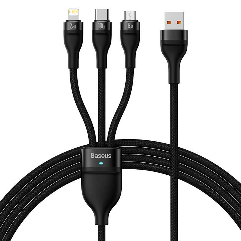 Kabel Usb 3W1 Baseus Flash Series, Usb-C + Micro Usb + Lightning, 100W, 1.2M (Czarny)