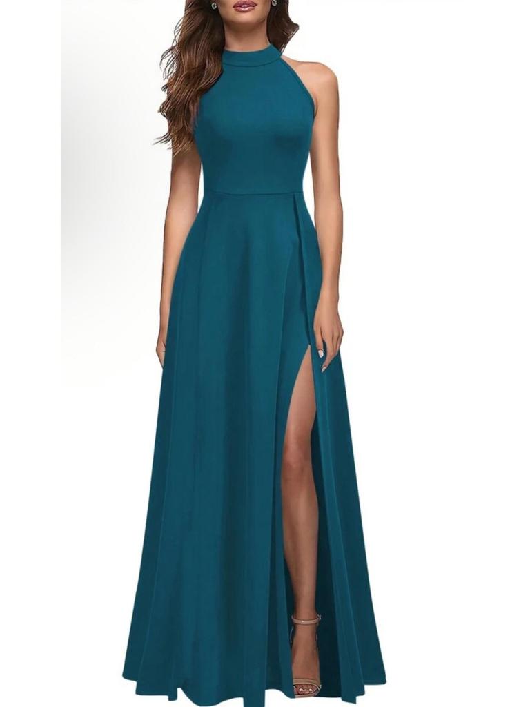 Women's Halterneck Sexy Evening Gown - Summer 2026 Slit Banquet Long Dress, Solid Color Formal Wear