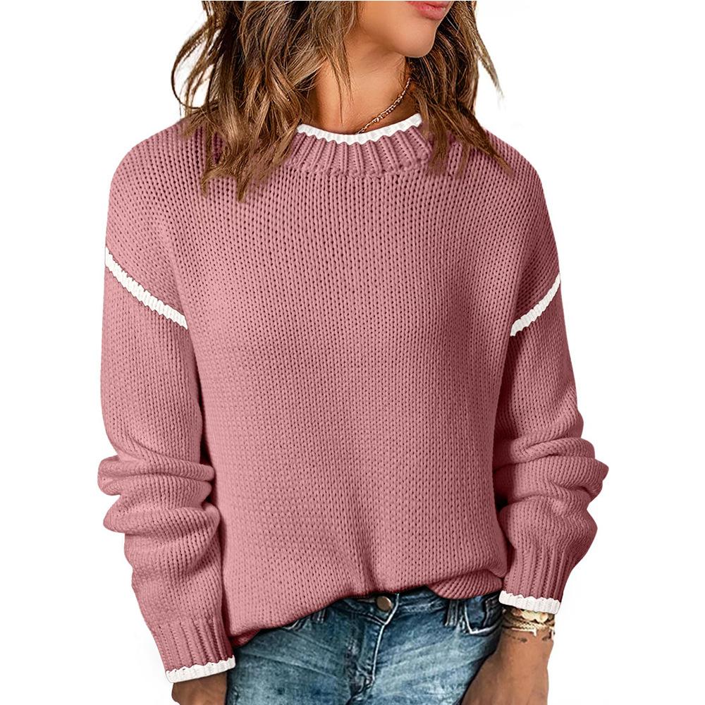 Casual Pullover Long Sleeved Loose Contrasting Solid Color Women's Sweaters