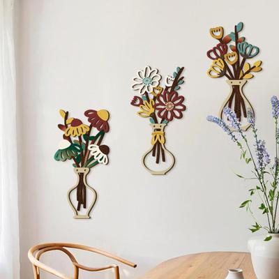 Yousheng Wooden Flower Vase Wall Art Rustic Farmhouse Wood Flower Wall Decor Minimalist Boho Plants Bouquet Decor for Living Room Bathroom Bedroom