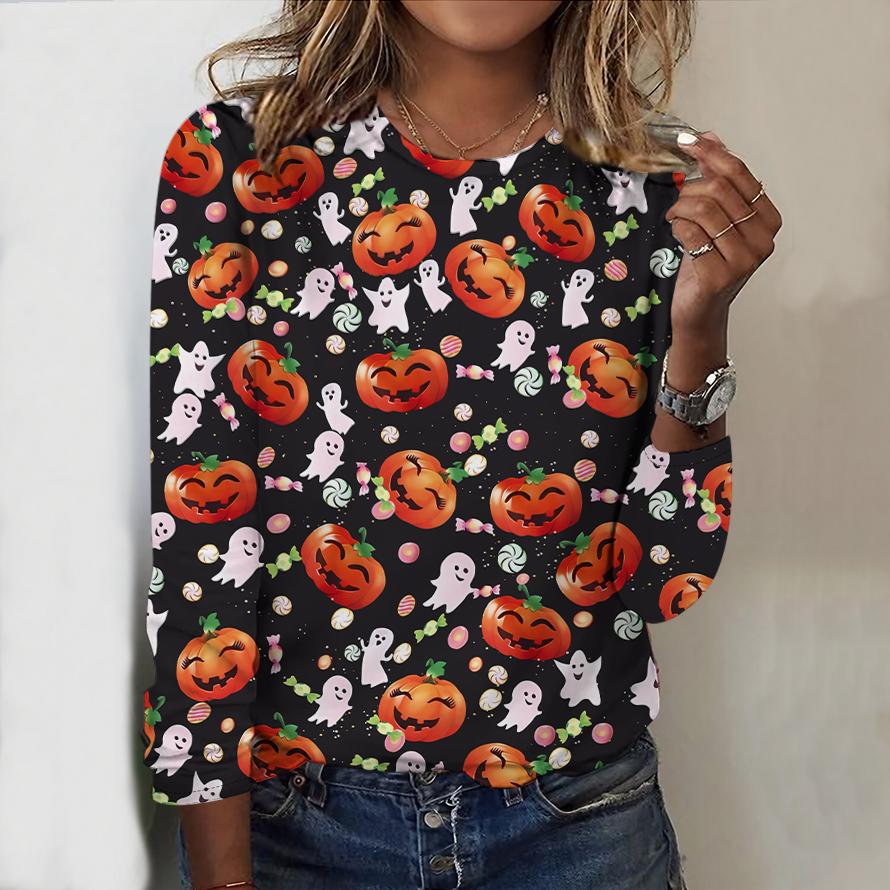 2025 Autumn & Winter Women's New Casual Crew Neck Long Sleeve Top 3D Halloween Pattern Ideal Halloween Christmas Gift