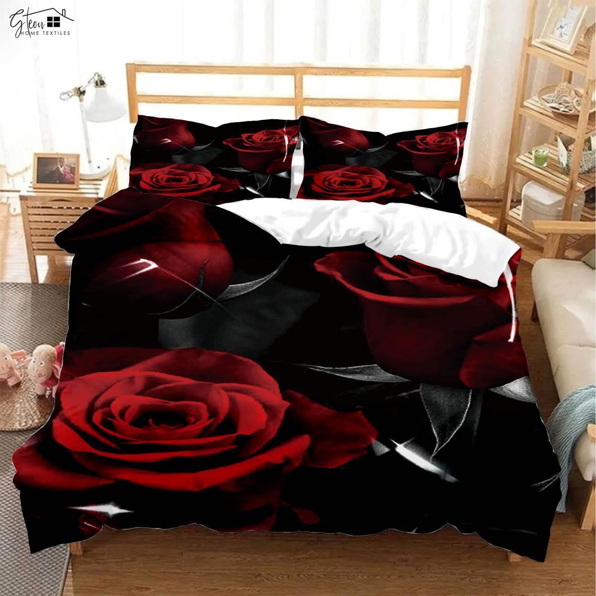 

День святого Валентина Красная роза 3D Печатный пододеяльник Наволочка Постельное белье Комплект из трех частей Удобный пододеяльник Подарок EU 135x200cm 2PCS