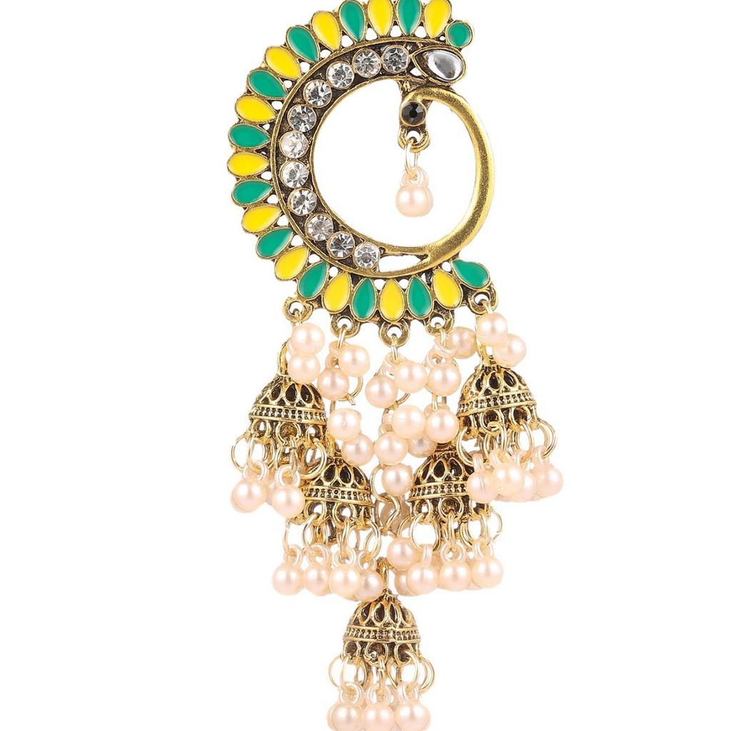 Ethnic Style Peacock Painted Pearl Bell Earrings Unique Design Vintage Rhinestone Tassel Earrings for Women, Long Style