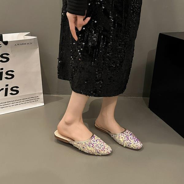Fashion Shoes Woman 2025 Female Mule Cover Toe Slippers Flat Pantofle Luxury Slides Mules Soft New Designer Bling Fashion Cover Toe Fema