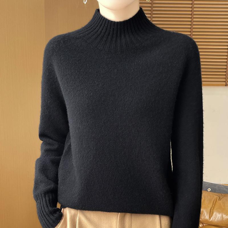 Pulover Gros de Toamnă și Iarnă cu Gât Semi-înalt din Lână pentru Femei, Simplu, Versatil, de Bază