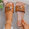 Fashion Plus Size Square Toe Slippers for Women Summer Buckle Decor Flat Slides Woman Fashion Soft Bottom Patent Leather Sandal Mujer