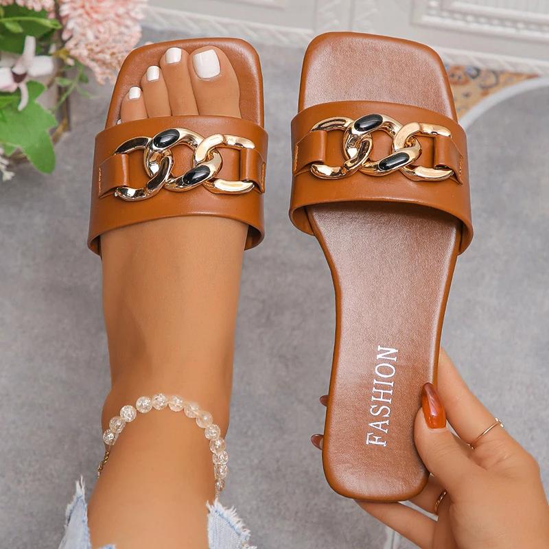 Fashion Plus Size Square Toe Slippers for Women Summer Buckle Decor Flat Slides Woman Fashion Soft Bottom Patent Leather Sandal Mujer