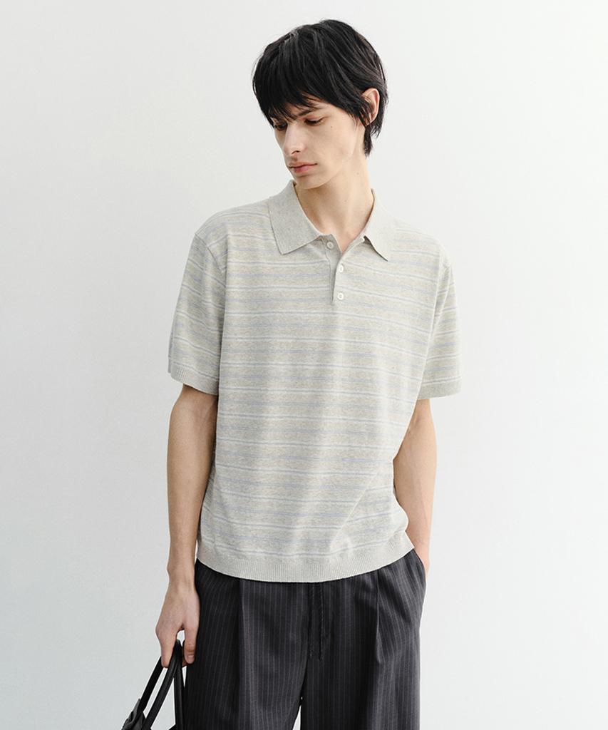 Deonseuteupomaen Striped Polo Knit_Unisex_Udsw6B127_Grey / Soft Blue