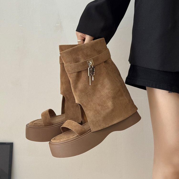 

Дизайнерские нишевые платформенные сандалии женские 2025 лето новая мода универсальные римские сандалии ботильоны ботфорты 40 светло-коричневого