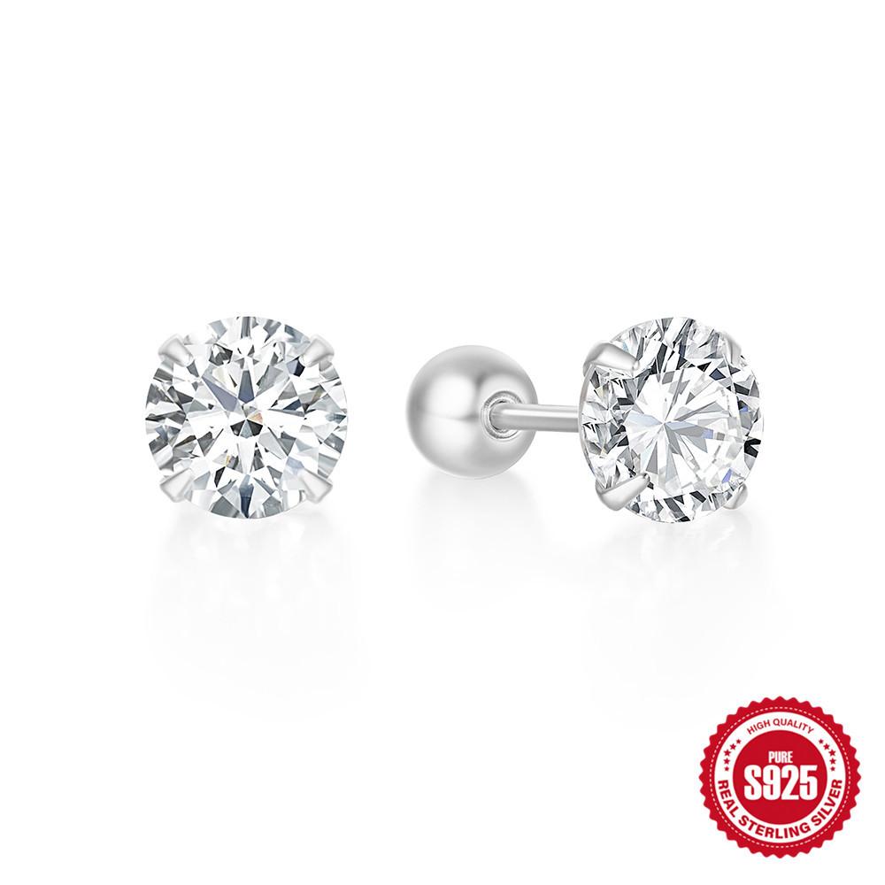 S925 Sterling Silver Classic Simple Basic Four-Claw Diamond Thread Puncture Earbone Stud Ordinary Butterfly Ear Plug Earrings