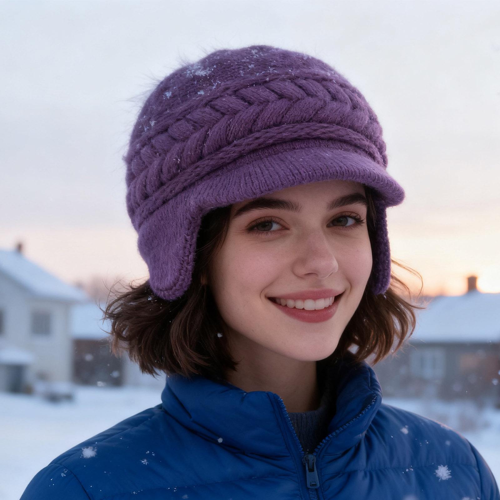 

Women s Ear Protecting Knitted Fleece Lined Thickened Warm Woolen Hat Fashionable Baseball Cap One Size