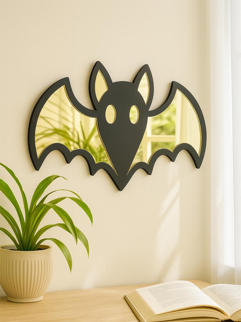 Acrylic Halloween Bat Shape Wall Mirror, Wooden Black Frame Wall Hanging for Living Room Bedroom, Spooky Aesthetic Wall Ornament