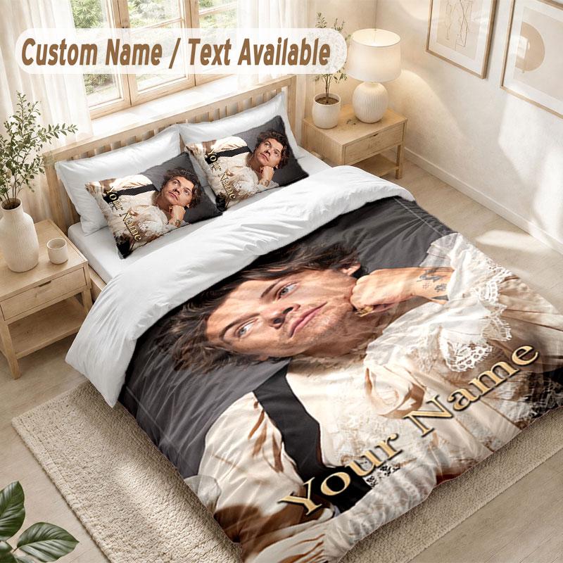 Custom Name Bedding Set 3 PiecesHarry Styles Print Duvet Cover + 2 Pillowcases Soft Bed Decor