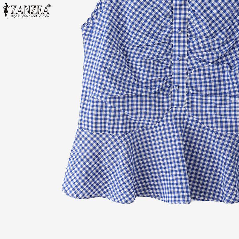 ZANZEA Women Casual V-Neck Summer Plaid Print Tank Tops