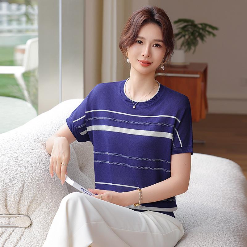 

Chic Striped Ice Silk Knit T-Shirt for Women 2XL (110-120 lbs) королевский синий