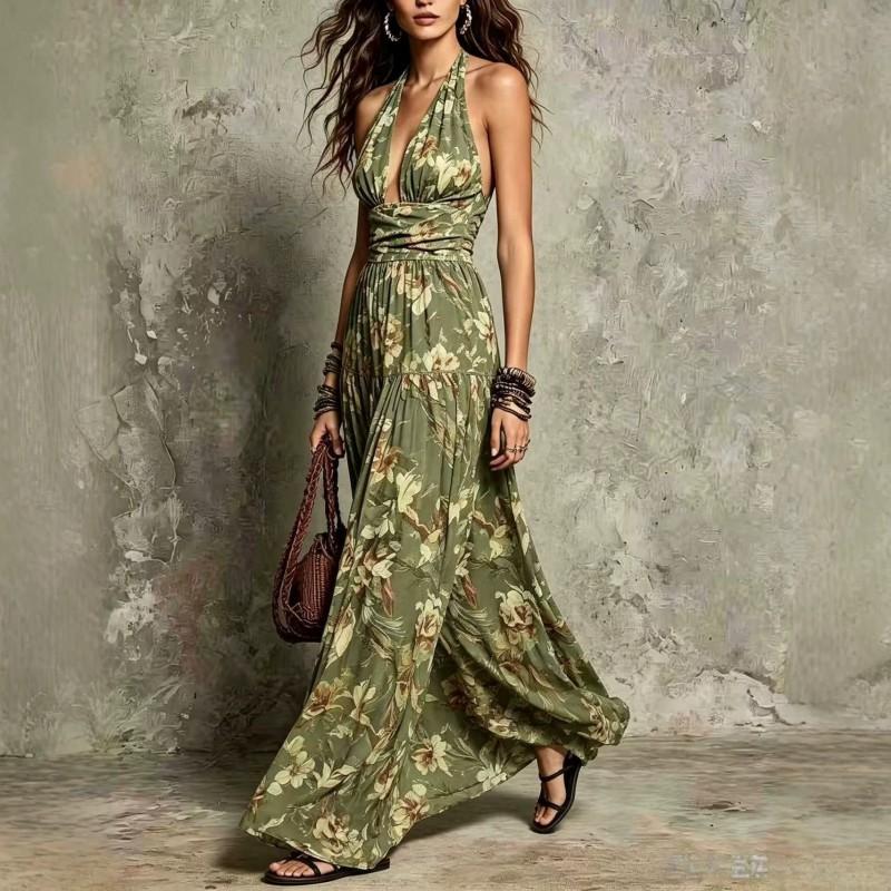 2026 Fashion Halter V-Neck Floral Print Backless Long Dress Women