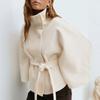 Womens Solid Color Stand Collar Wool Blend Coat Button Belted Casual Overcoat