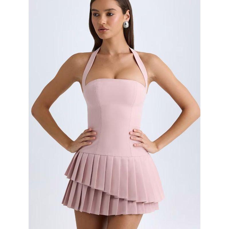 South Tower Rose Ohpoll French style Sweet Desire Gyaru Irregular Pleated Cake Skirt Sexy Waist Hugging Hanging Neck Dress