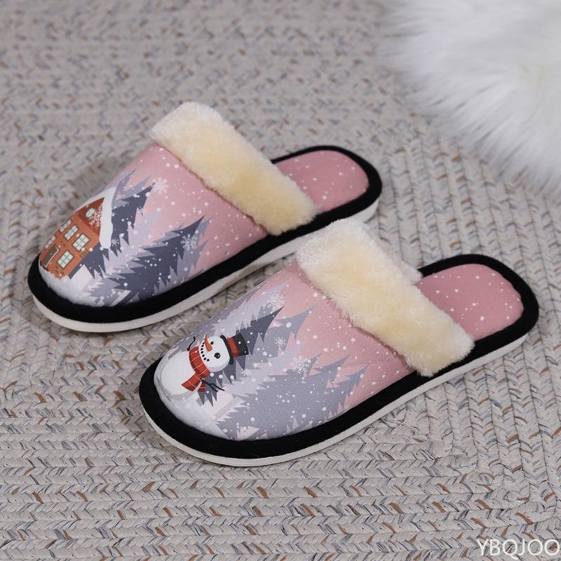 Christmas Casual Women's Slippers 2024 Winter Fabric Cartoon Design Waterproof Cap Anti Slip Flat Slippers Warm Wear-resistant