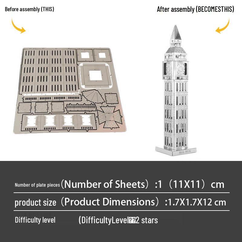 Big Ben All-Metal 3D DIY Model - Stainless Steel, Glue-Free Puzzle Toy