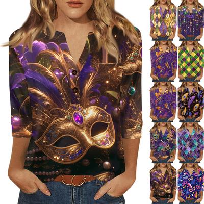Damen Carnival Bedrucktes Modisches Lässiges V-Ausschnitt Knopf Sieben Zoll Ärmel T-Shirt Top