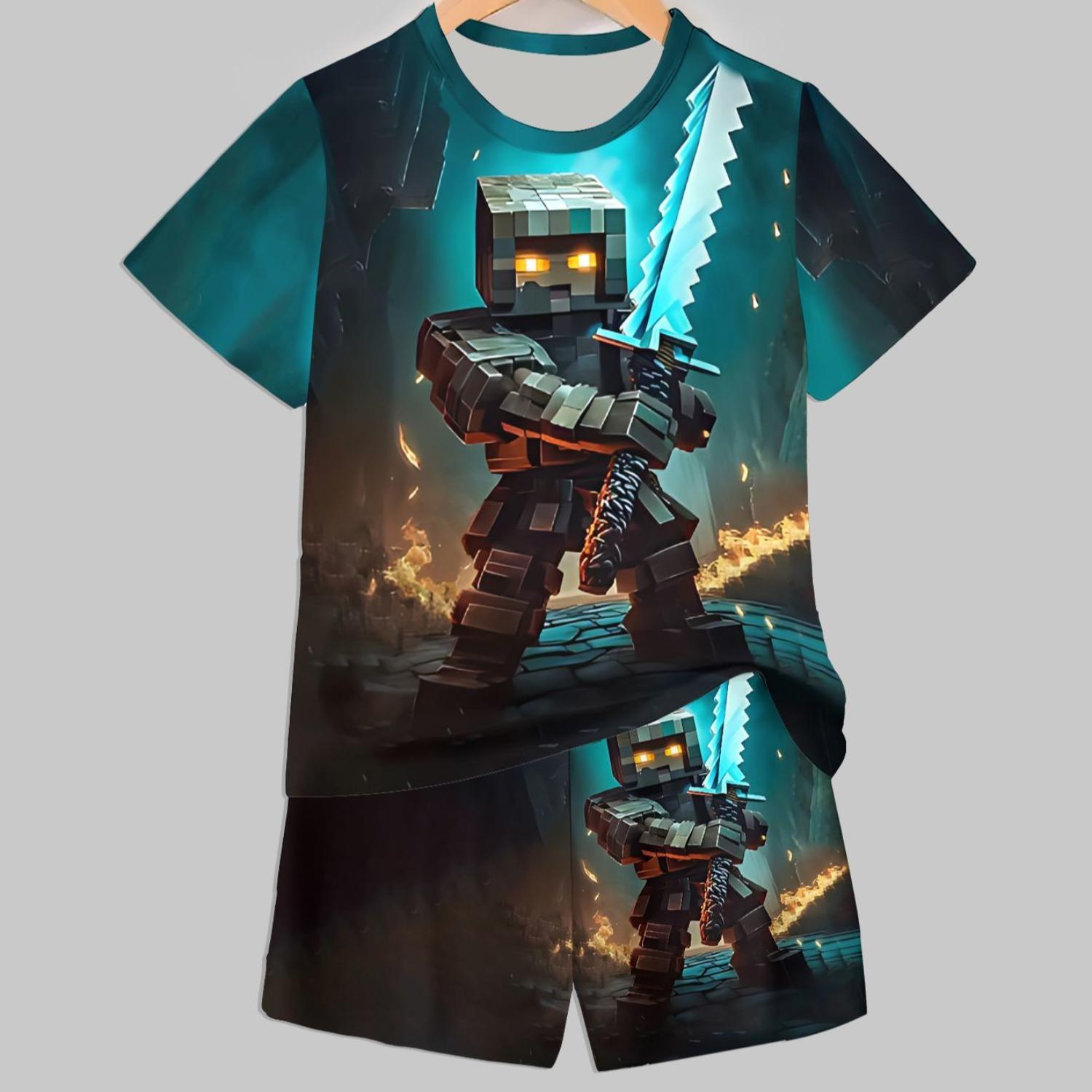 Boys Fashion 3D Print Casual Pullover Sweatshirt Short Sleeve Shorts T-Shirt Outdoor T-Shirt Shorts Set 5-6Y