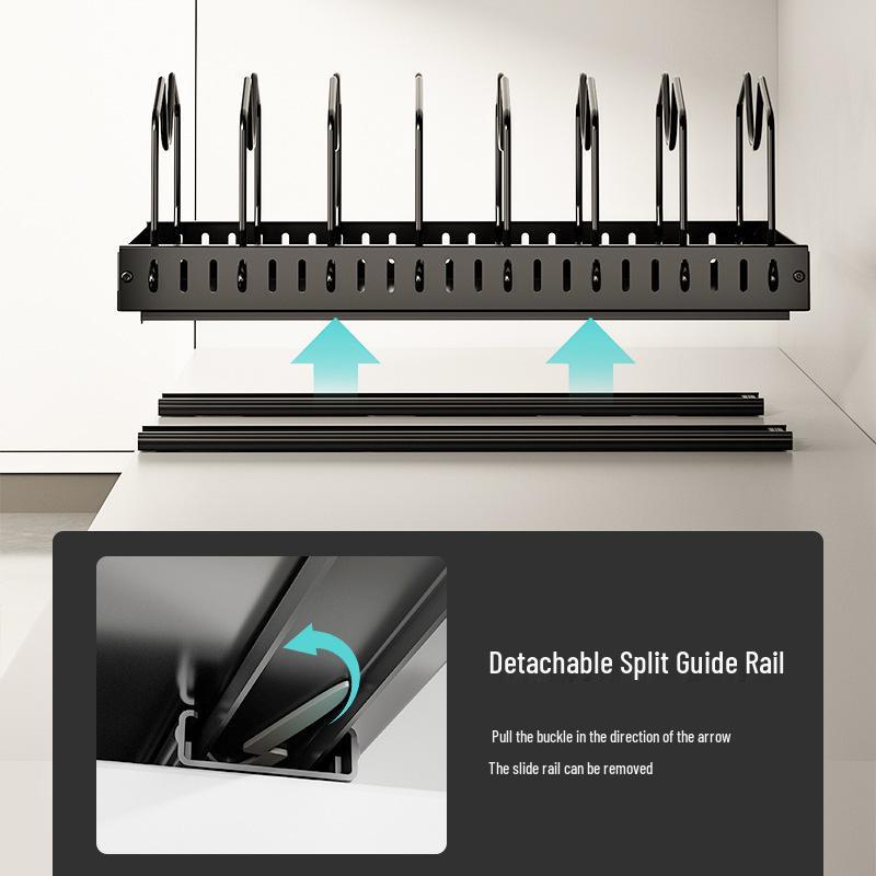 Adjustable Cookware Storage Rack: Pull-out Pot, Lid, and Dish Holder for Cabinet Countertops