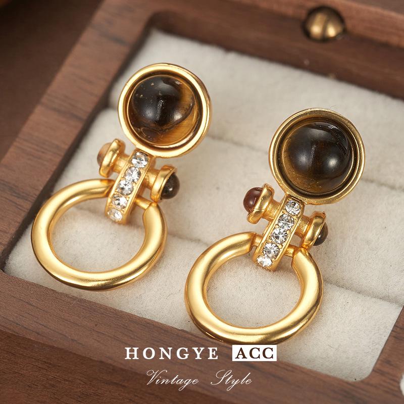 

Ретро французские серьги-кольца из натурального камня с дизайном бриллианта Medium Antique Gold