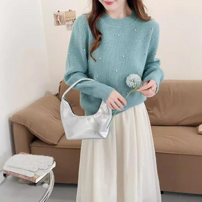 New Autumn and Winter Water Drop Sleeve Pearl Knitted Sweater Women's Soft Waxy Elastic Unbound Reiki Crew Neck Sweater Women's